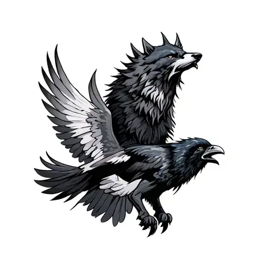 Viking Wolf And Raven Flying