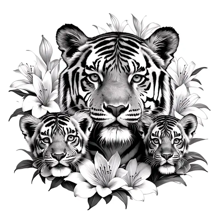 Momma Tiger With Two Cubs Surrounded By Lilly's Wrapped
