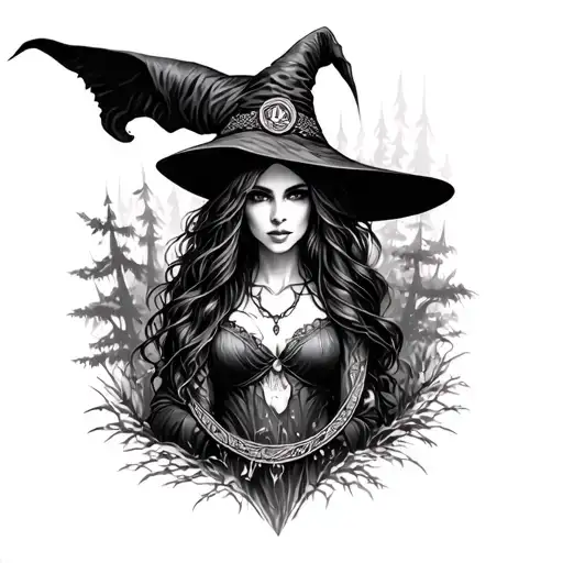 Pagan Witch Surrounded By Forest Scene With Hidden