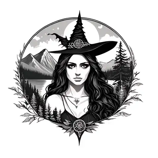 Pagan Witch Surrounded By Forest Scene With Mountain And Lake