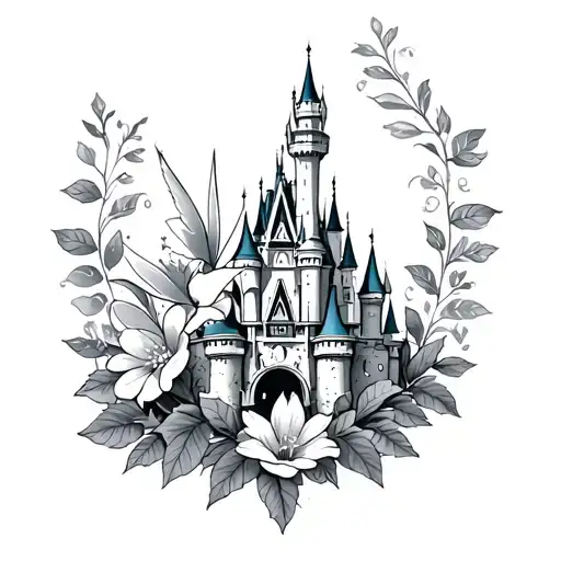 Disney Castle And Tinkerbell Surrounded By Leaves And Flowers