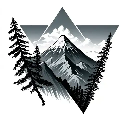 Cook Pine Trees With Mountain Volcano In A Triangle Shape
