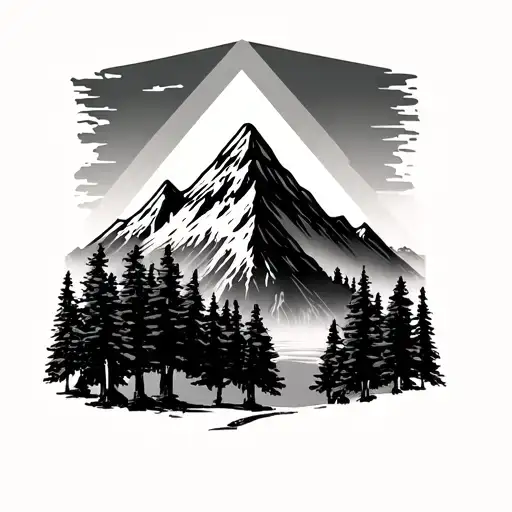 Cook Pine Trees With Mountain Volcano In A Triangle Shape