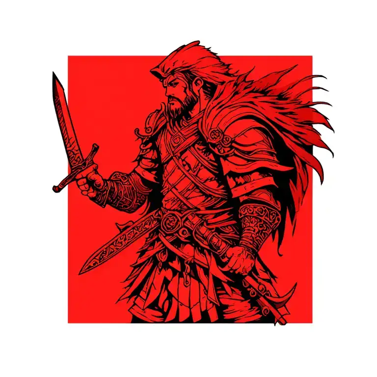 Tattoo Design With Warrior Who Holds A Sword In Hand In Hand