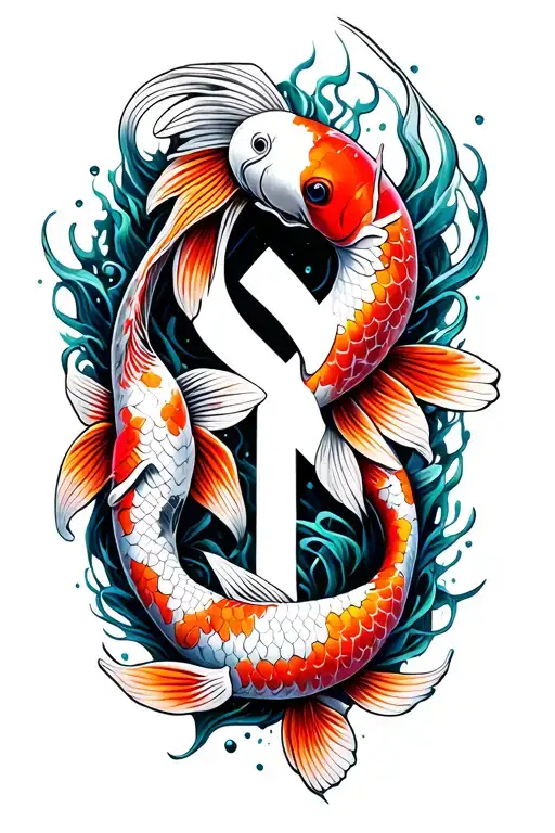 Colorful Koi Fish Swimming Up Ankh Symbol