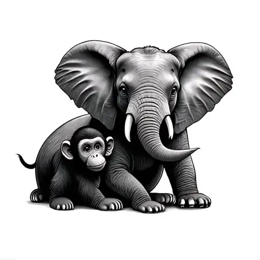 Adult Elephant Laying With A Baby Monkey