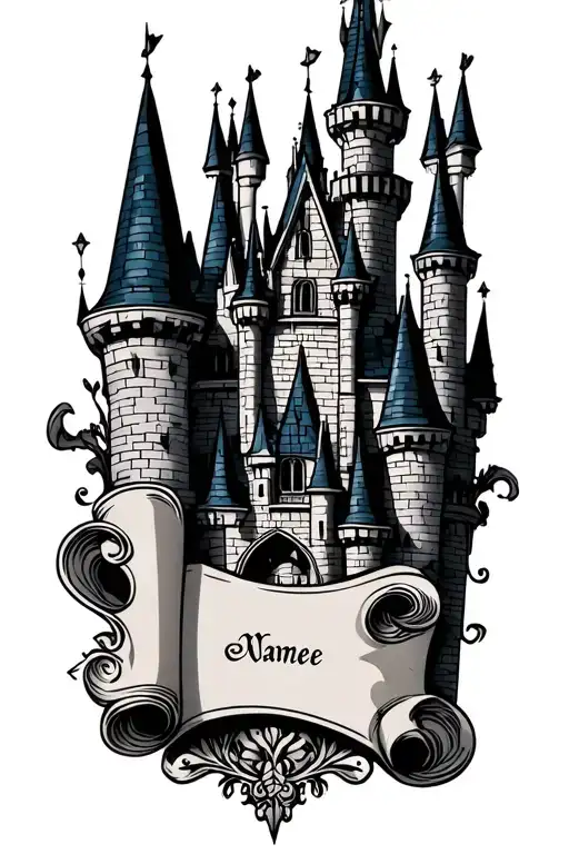 Disney Castle Line Tattoo Design With A Space For Names On A Scroll
