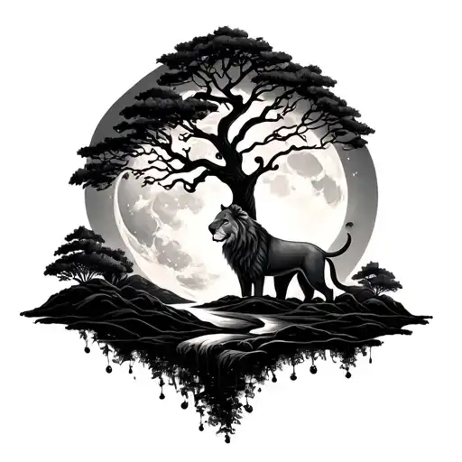 Tree With Moon And Landscape With Female Lion