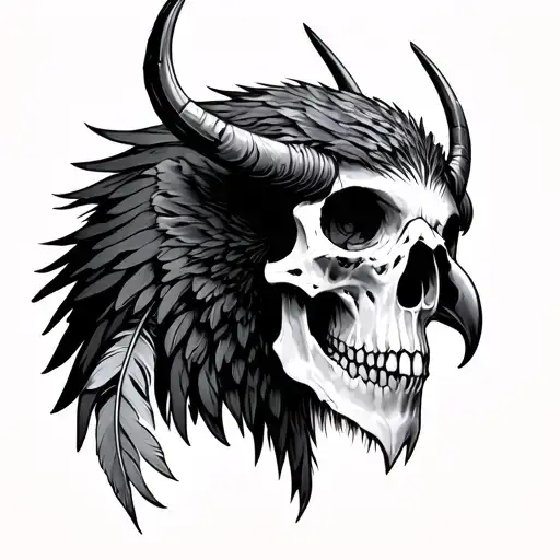 Caw Skull With Feather Hang On His Horns