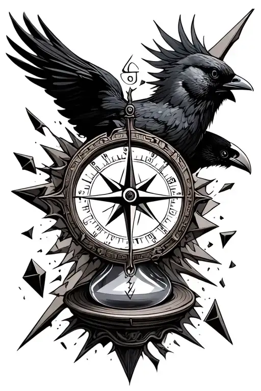 Broken Compass And Hour Glass Shards With A Crow