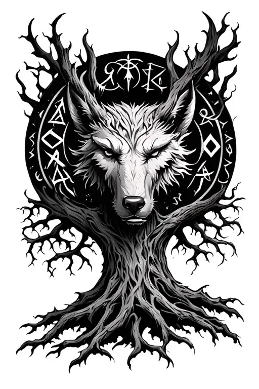 Yggdrasil Tree With Fenrir And Nordic Runes