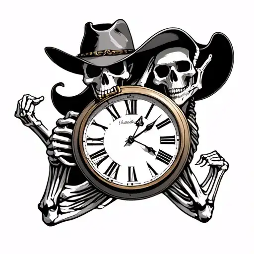 Cowboy Skeleton Holding A Clock