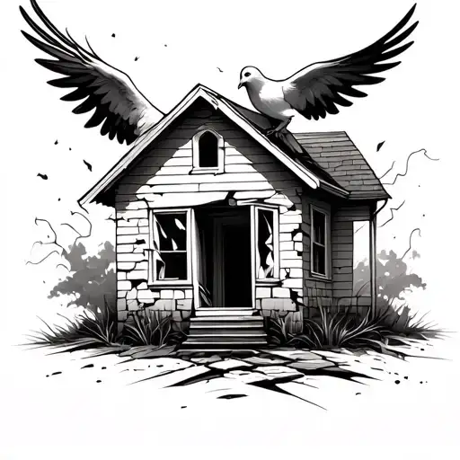 Broken House With A Dove Flying Out Of The Window