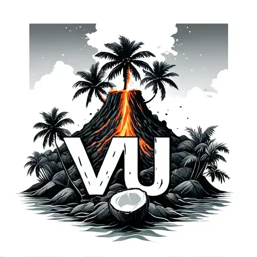 Volcano Explosion With Coconut Trees And Vu Letter