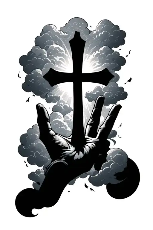 Cross Surrounded By Clouds Floating On Top Of Hand