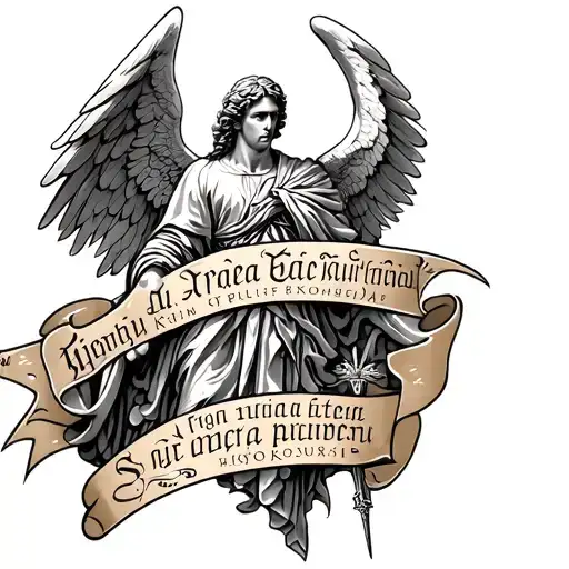St Micheal The Archangel With Latin Phrase Written
