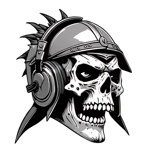 Gladiator Helmet On Angry Skull Wearing Headphones