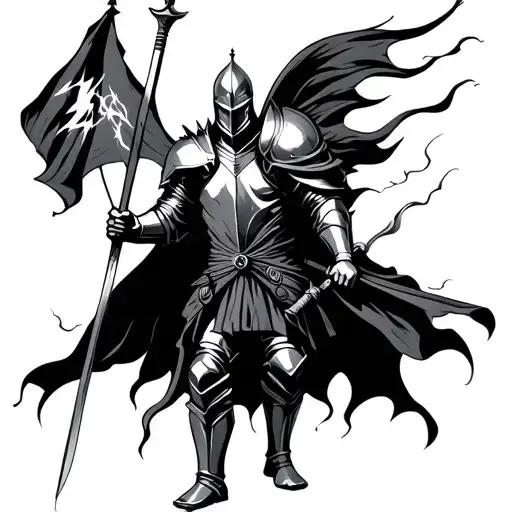 Knight Holding Flag With Thunders Coming