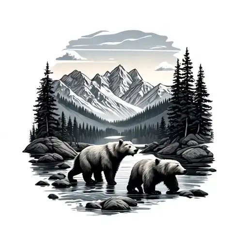 Mountains 3 Bear Cubs 2 Bears River Sunset Sky