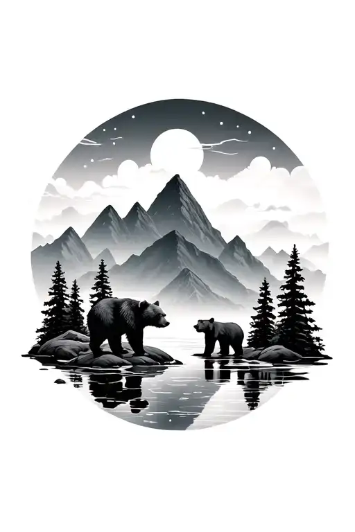 Mountains 3 Bear Cubs 2 Bears River Sunset Sky