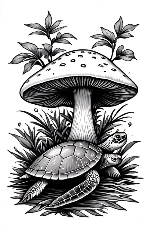 Bali Traditional Inspired Tattoo Featuring A Mushroom And A Sea Turtle