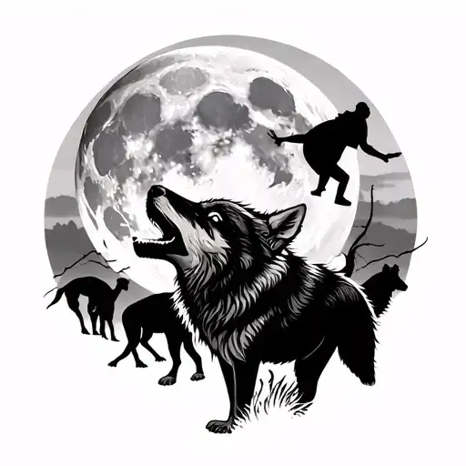 Male Wolf With 4 Howling At The Moon With Human Silhouettes