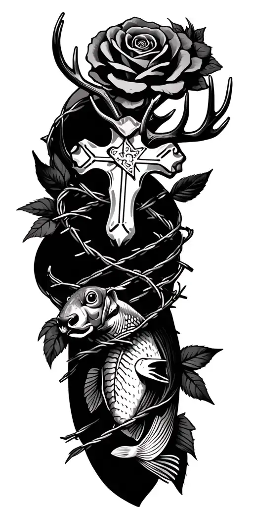 Roses Barbed Wire Wrapped With Cross And Deer Head And Fish