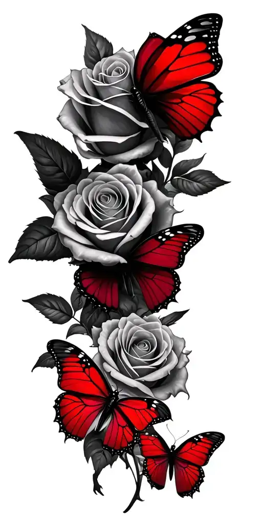 Roses And Red Butterflies