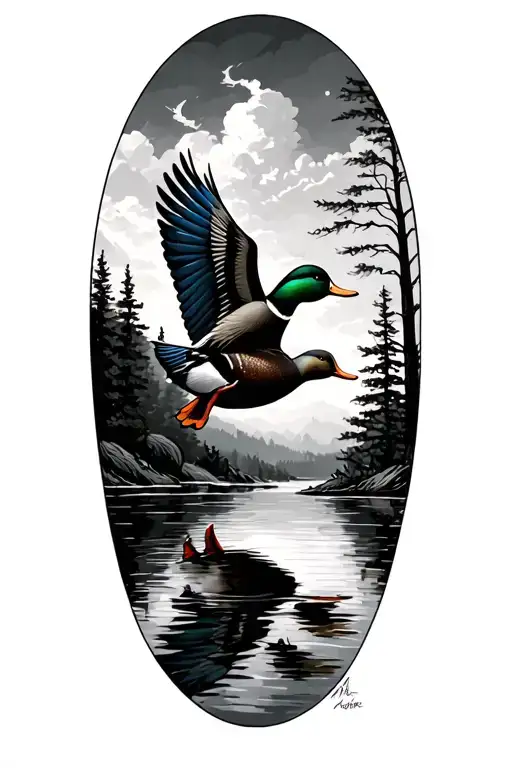 Trees With Mallard Duck Flying