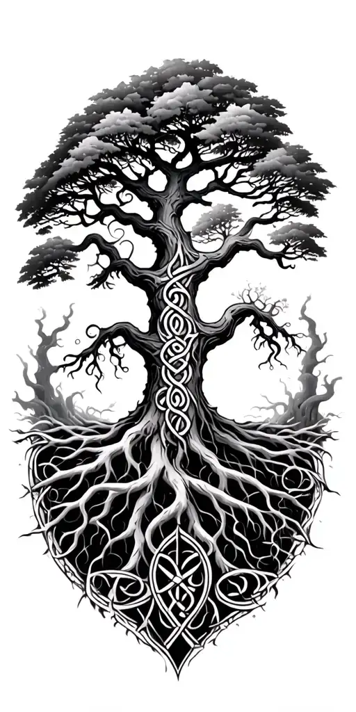 Tree Of The Tree Of Life Yggdrasil Roots Vining Into Celtic Tribal