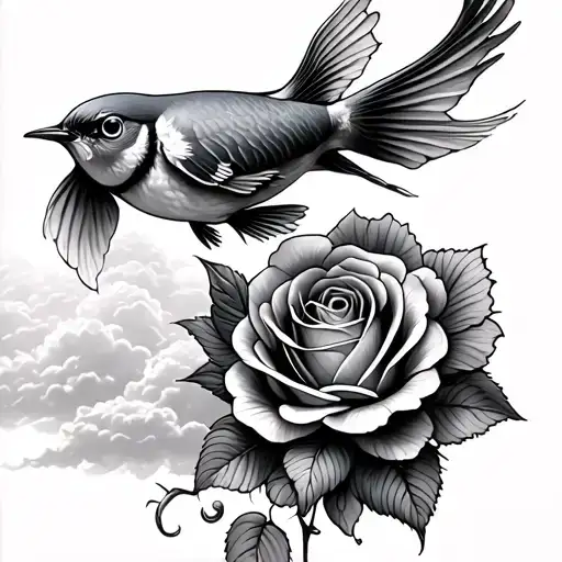 Robin Bird Flying In The Clouds Above A Detailed Guppy Fish With A Rose As Its Tail