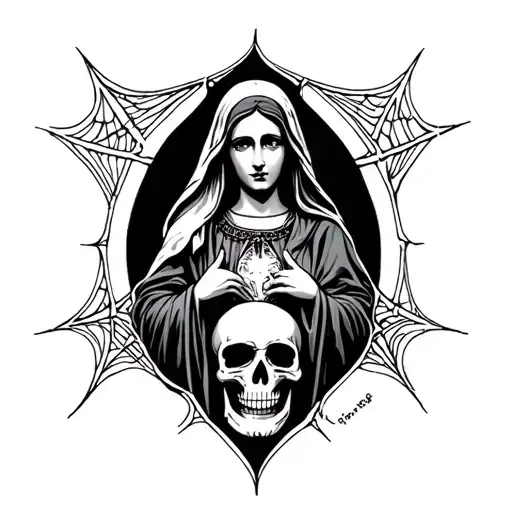 Virgin Mary Spiderwebs In The Back With Skulls In The Bottom