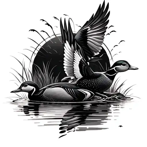 Swamp Scenery With Wood Ducks Flying