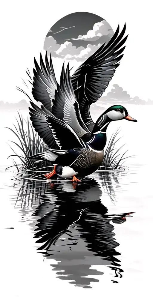 Swamp Scenery With Wood Ducks Flying