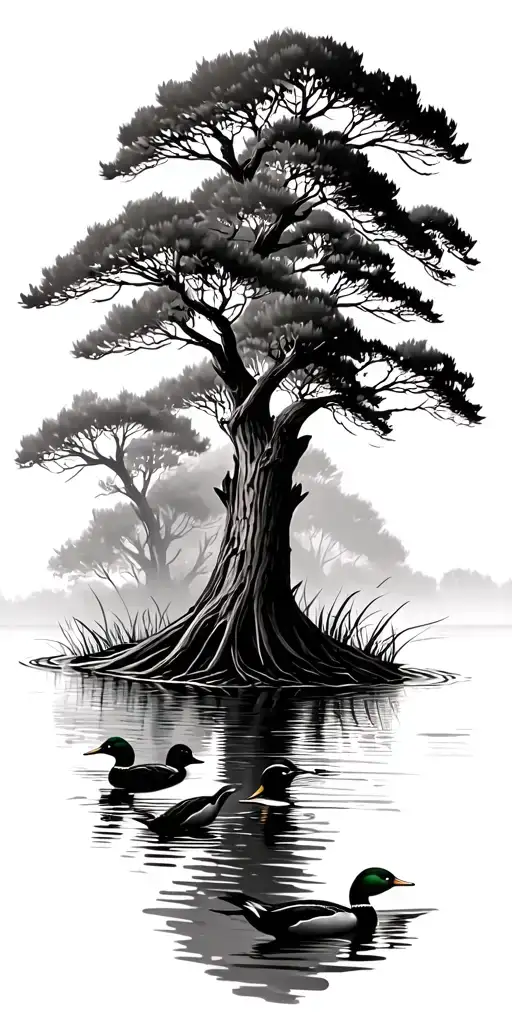 Swamp Scenery Including Cypress Trees With Wood Ducks Flying