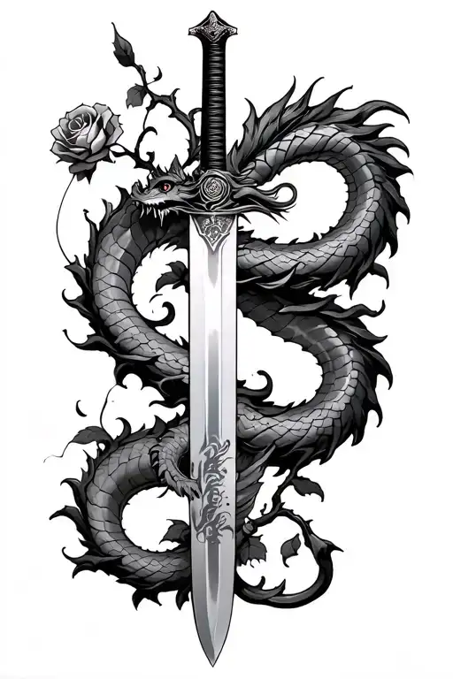 Katana Sword Wrapped In A Rose Vine With A Dragon Sliding Up The Sword