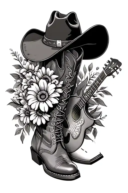 Cowboy Hat On Top Of Cowboy Boots With A Western Guitar And Flowers In Memory Of Dad