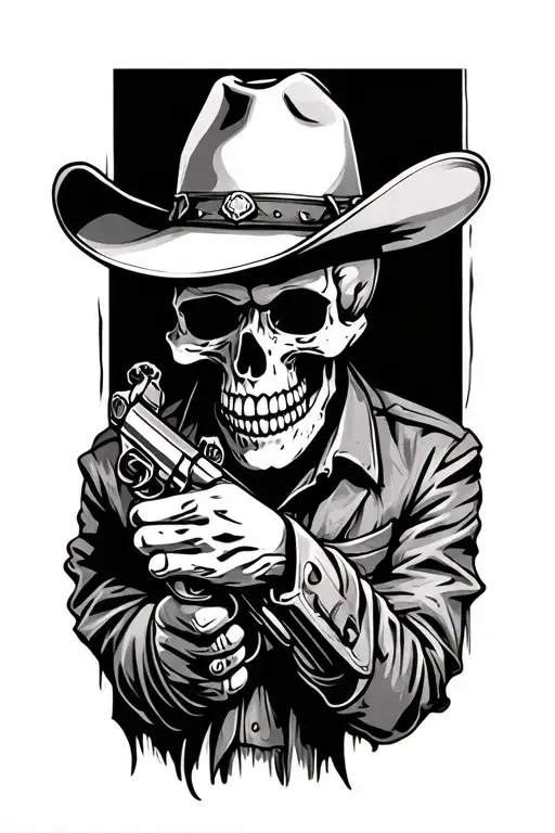 Skull Wearing A Cowboy Hat Holding A Pistol