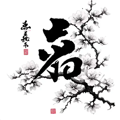 Black Death Kanji With Blossom Tree Blanch