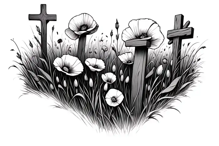 Field With Poppies And Simple Wooden Crosses