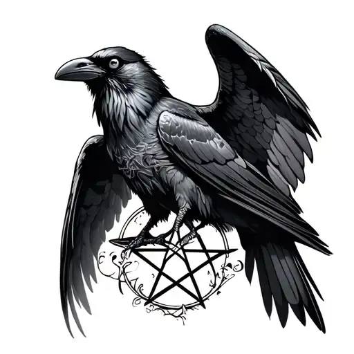 Realistic Gothic Raven With Pentagram Surrounded