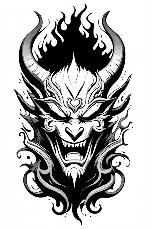 Oni Mask On Forearm With Blackout Behind Fading Up Into The Upper Arm