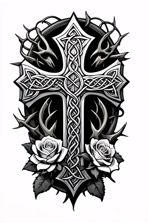 Celtic Irish Cross With Rose And Thorns Surrounded