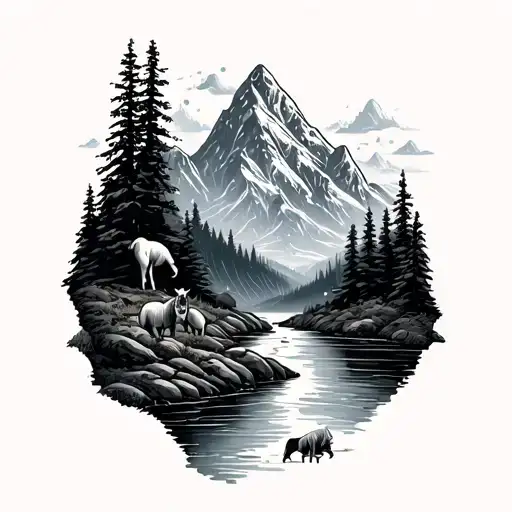 Mountain With River And Animals