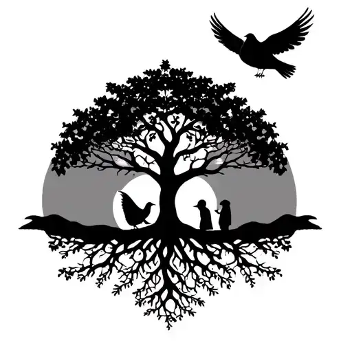 A Tree Of Life With My 2 Children As Birds In The Crown And 3 Thick Roots For My Siblings