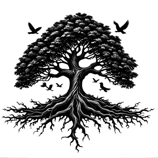 A Tree Of Life With My 2 Children As Birds In The Crown And 3 Thick Roots For My Siblings
