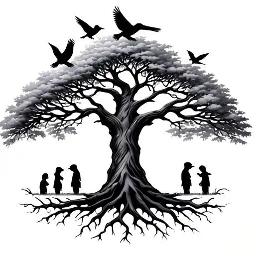 A Tree Of Life With My 2 Children As Birds In The Crown And 3 Thick Roots For My Siblings