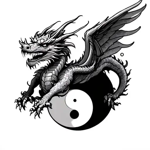 Western Dragon With Wings And Yin Yang Symbol 6Inch Size For Upper Back