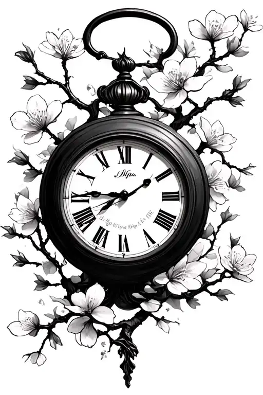 Cherry Blossom Vine Around A Clock And Japanese Kaji For Fear