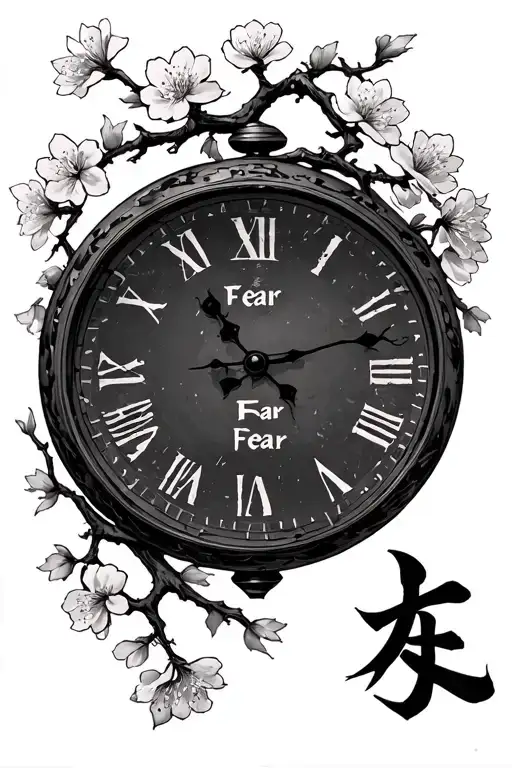 Cherry Blossom Vine Around A Small Clock And Around A Japanese Kanji Saying Fear